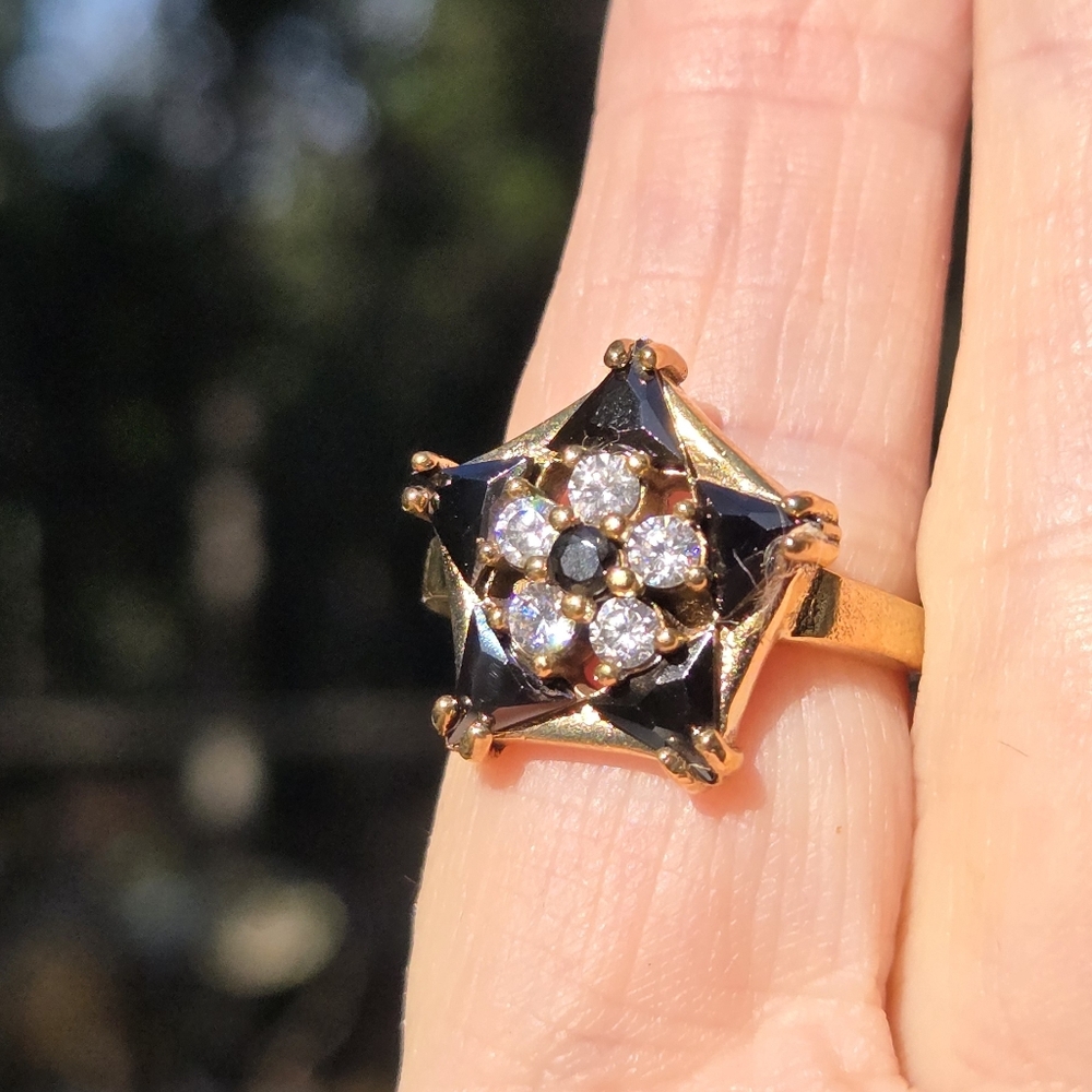 Black onyx & white Topaz star Sterling Gold & Bronze ring sz8 - Picture 8 of 10